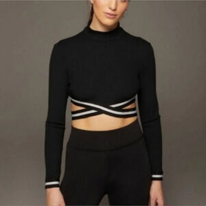 MICHI Apex Black Ribbed Long Sleeve Cropped Active Top Size Large